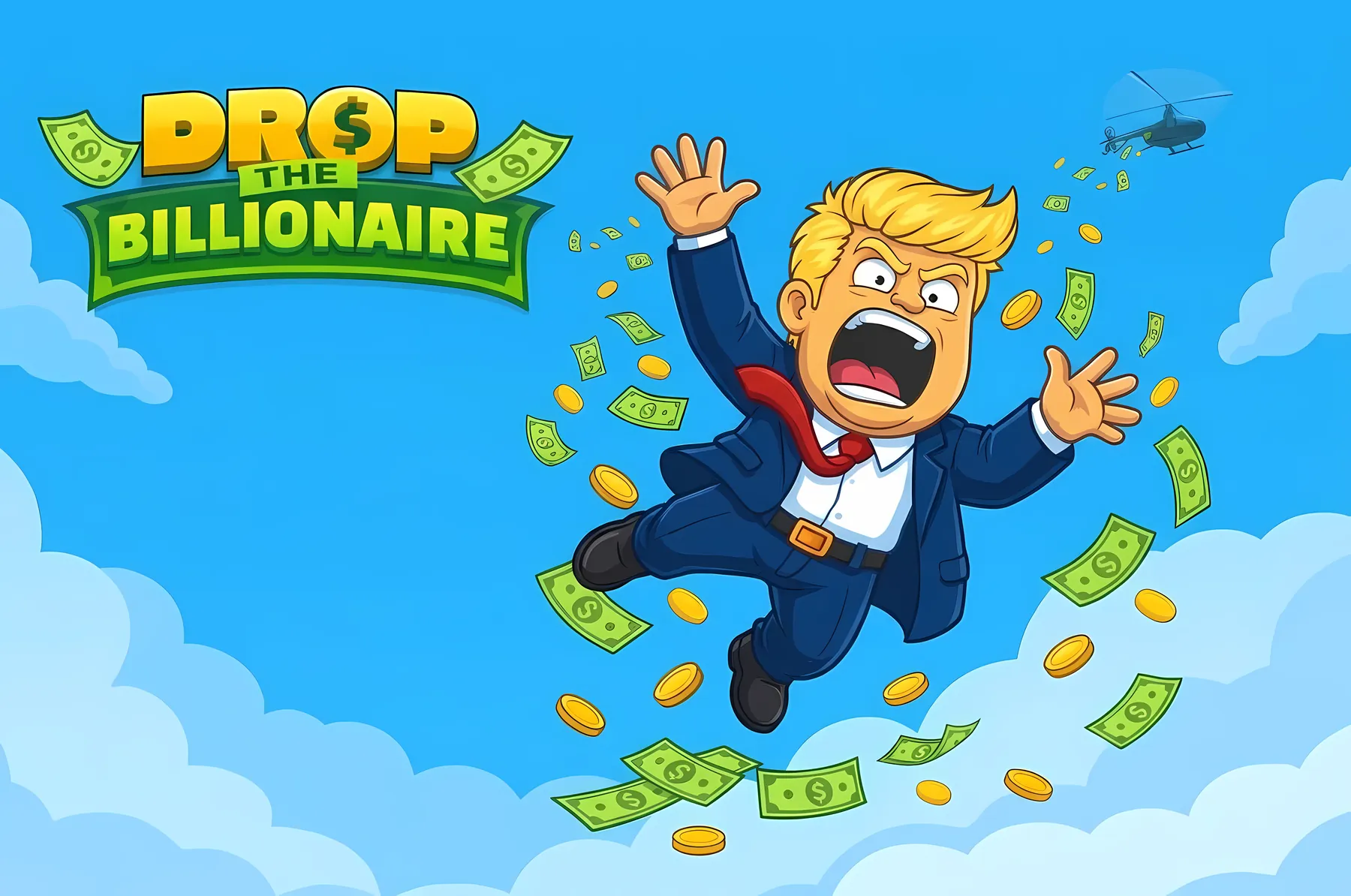 Drop the Billionaire – the billionaire falling out of a helicopter, official artwork by InOut Games